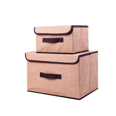 AussieSuperStore Homeware Supplies Set of 2 x Foldable Fabric Collapsible Storage Bin Boxe Cube Organziers with Lids Beige Foldable Fabric Collapsible Storage Bin Boxe Cube Organziers with Lids CBNONWAVEBOXX2BG